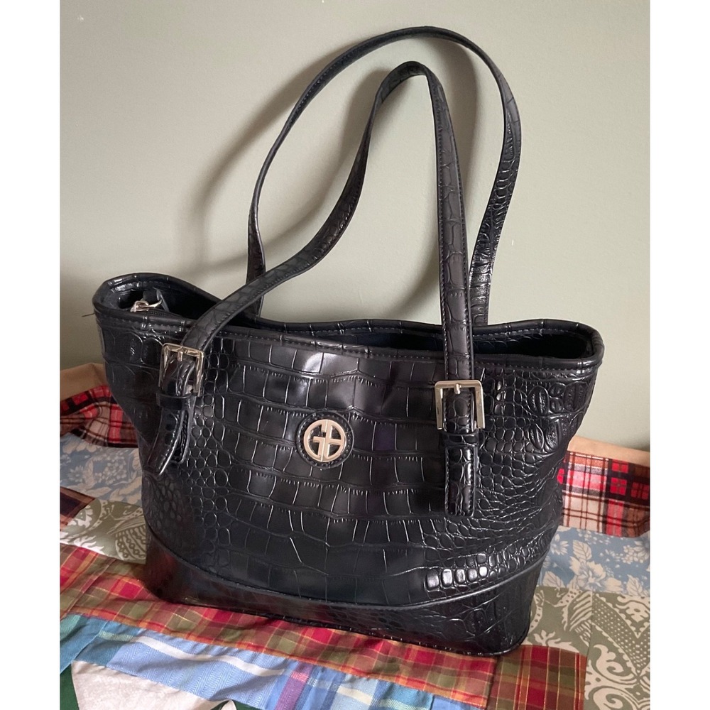 Giani Bernini Black Croc Embossed Leather Purse/Handbag Silver-tone